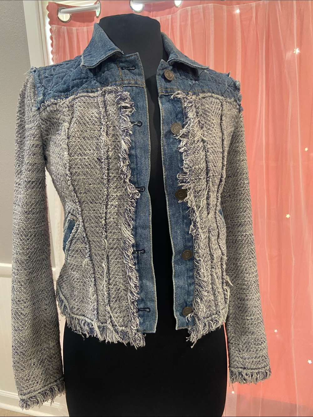 Rebecca Taylor Gray & Blue Mixed-Media Denim Knit Jacket size 2